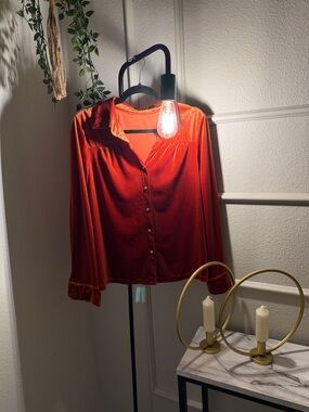 Amazon Velvet Button-Down Blouse in Rust Orange